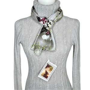 Victorian Trading Co. New Silk Christmas Holly Holiday Flowers Gray Pink Scarf